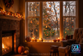Cozy autumn room with fireplace, pumpkins and candlelit windows, with Your One Stop Digital Shop watermark and logo